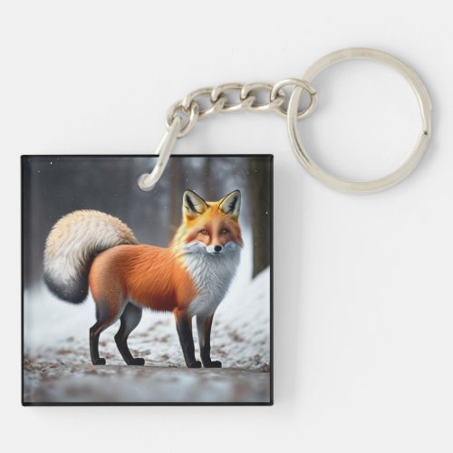 Fluffy Wild Fox Square Keychain