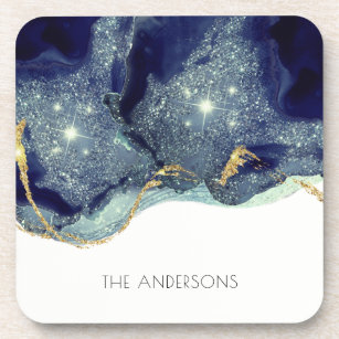 Fluid Abstract Alcohol Ink Gold Navy Glitter  Beverage Coaster
