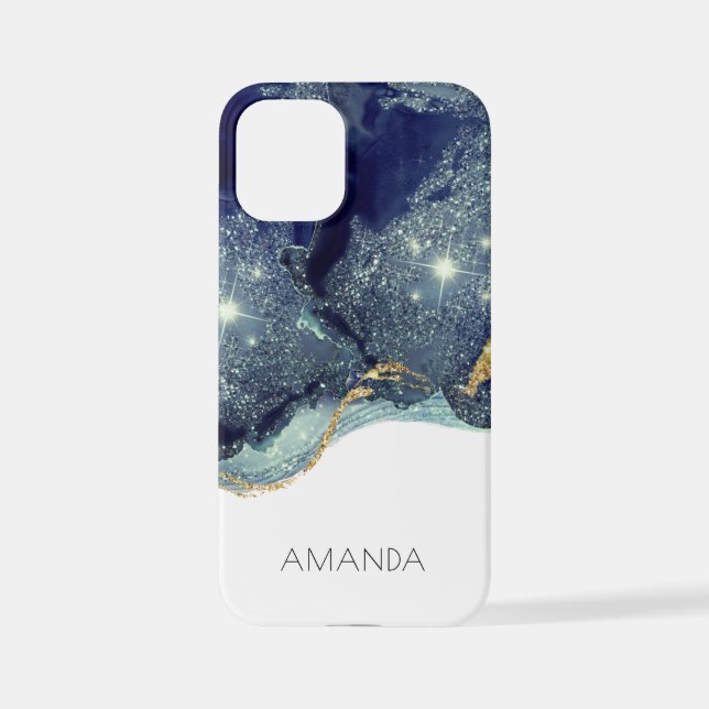Fluid Abstract Alcohol Ink Gold Navy Glitter iPhone Case (Back)