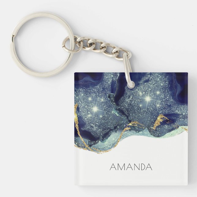Fluid Abstract Alcohol Ink Gold Navy Glitter Keychain (Front)