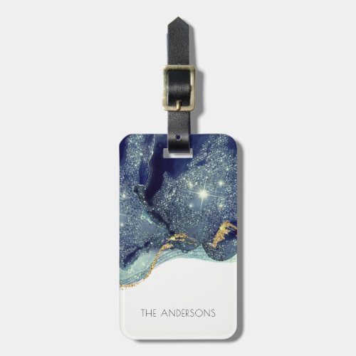 Fluid Abstract Alcohol Ink Gold Navy Glitter Luggage Tag