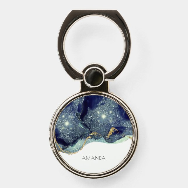 Fluid Abstract Alcohol Ink Gold Navy Glitter Phone Ring Stand (Front)