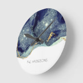 Fluid Abstract Alcohol Ink Gold Navy Glitter Round Clock (Angle)