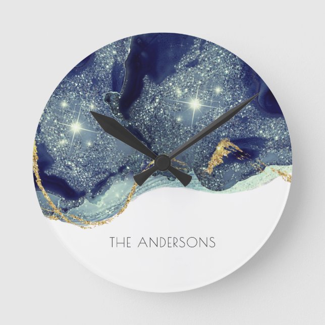 Fluid Abstract Alcohol Ink Gold Navy Glitter Round Clock (Front)