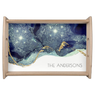 Fluid Abstract Alcohol Ink Gold Navy Glitter Serving Tray