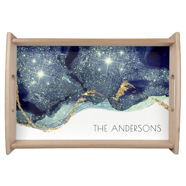 Fluid Abstract Alcohol Ink Gold Navy Glitter Serving Tray (Front)