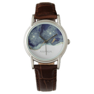 Fluid Abstract Alcohol Ink Gold Navy Glitter Watch