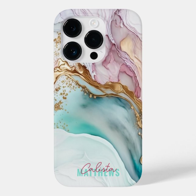 Fluid Abstract Alcohol Ink Magenta Gold Teal Name Case-Mate iPhone Case (Back)