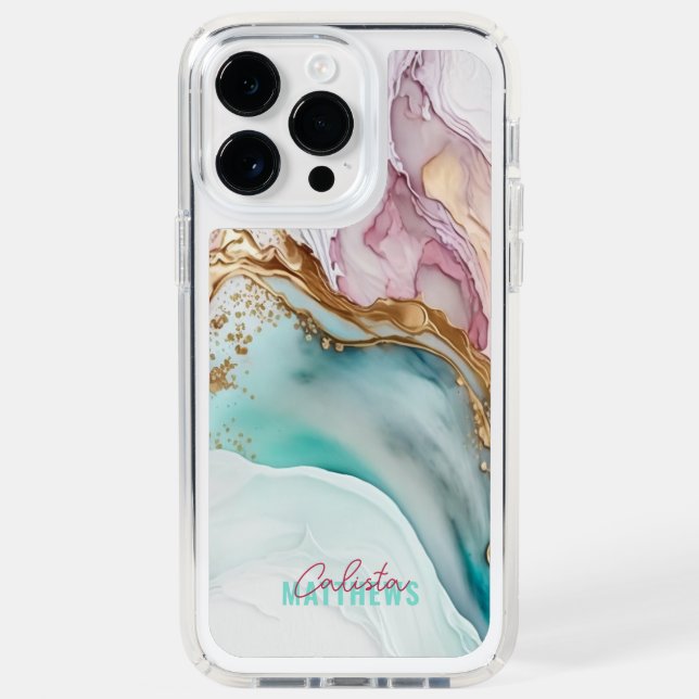 Fluid Abstract Alcohol Ink Magenta Gold Teal Name Speck iPhone Case (Front)