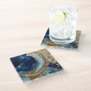 Fluid Abstract Gold-Navy Beach Glass Coaster