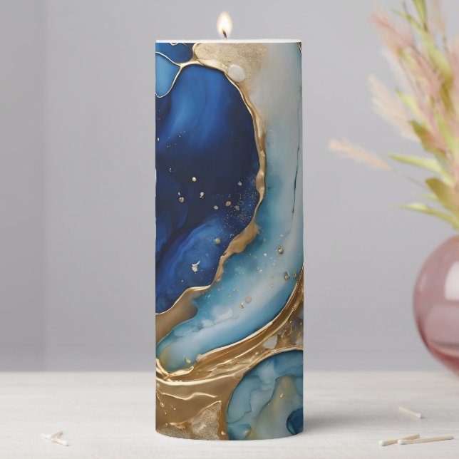 Fluid Abstract Gold-Navy Beach Pillar Candle (In Situ)