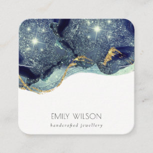 Fluid Abstract Gold Navy Glitter Necklace Display Square Business Card