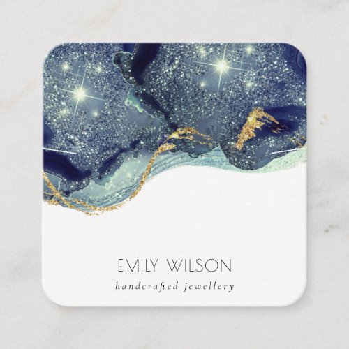 Fluid Abstract Gold Navy Glitter Necklace Display Square Business Card