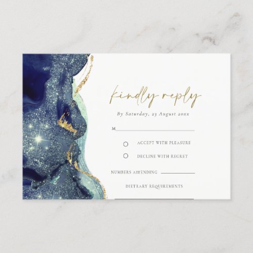 Fluid Abstract Gold Navy Glitter Wedding RSVP Enclosure Card