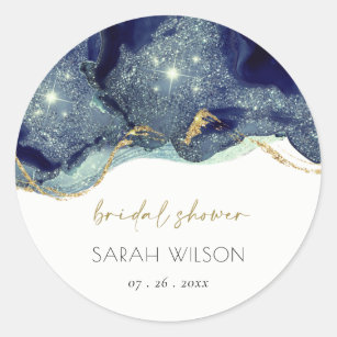 Fluid Abstract Ink Gold Navy Glitter Bridal Shower Classic Round Sticker