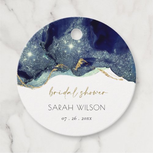 Fluid Abstract Ink Gold Navy Glitter Bridal Shower Favor Tags