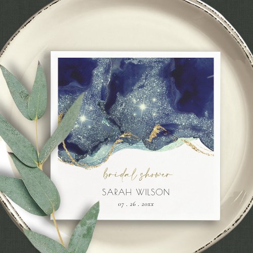 Fluid Abstract Ink Gold Navy Glitter Bridal Shower Napkins