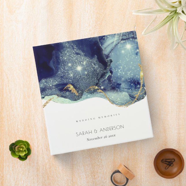 Fluid Abstract Ink Gold Navy Glitter Wedding 3 Ring Binder (In Situ)