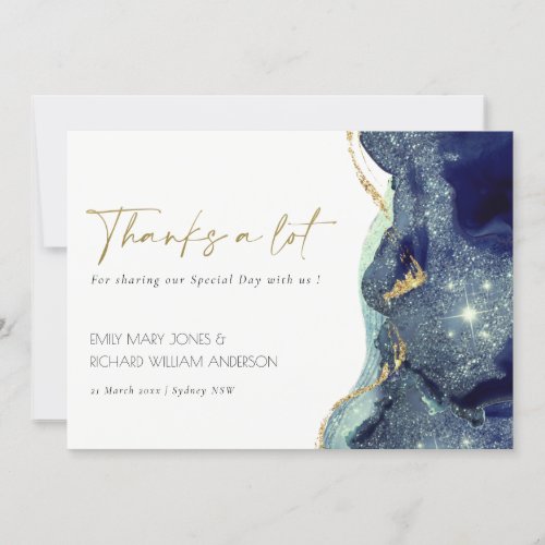 Fluid Abstract Ink Gold Navy Glitter Wedding Thank You Card