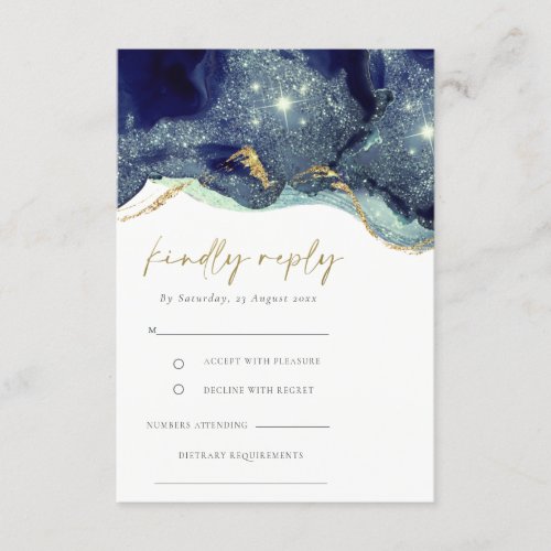 Fluid Abstract Navy Glitter Wedding RSVP Enclosure Card