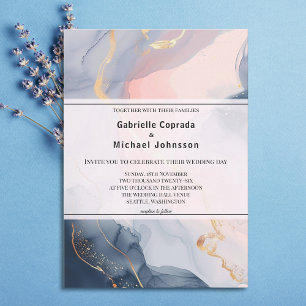 Fluid Agate Blush Pink Grey Art Watercolor Wedding Invitation