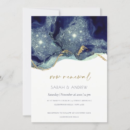 Fluid Alcohol Ink Navy Glitter Vow Renewal Invite