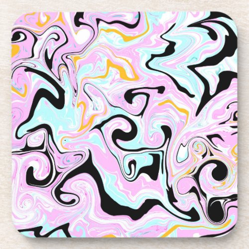 Fluid Art  Cotton Candy Pink Teal Black and Gold Beverage Coaster