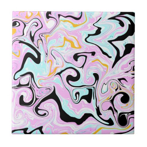 Fluid Art  Cotton Candy Pink Teal Black and Gold Ceramic Tile