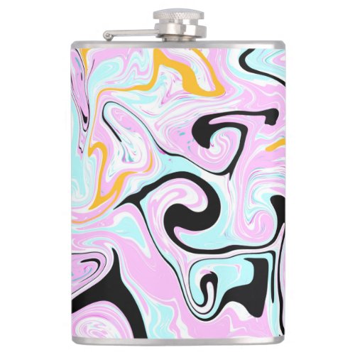 Fluid Art  Cotton Candy Pink Teal Black and Gold Flask