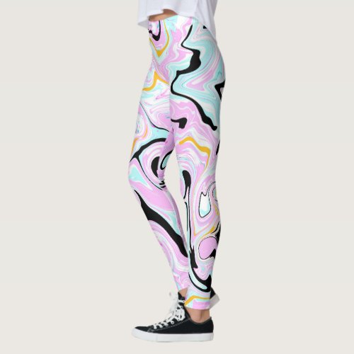 Fluid Art  Cotton Candy Pink Teal Black and Gold Leggings