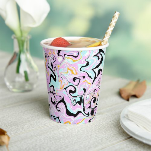 Fluid Art  Cotton Candy Pink Teal Black and Gold Paper Cups
