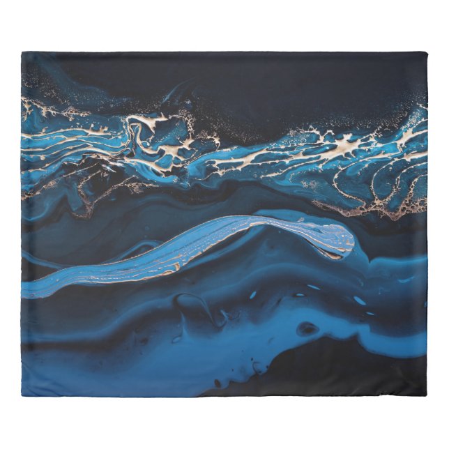 Fluid Art. Liquid Metallic Gold in abstract blue w Duvet Cover (Front)