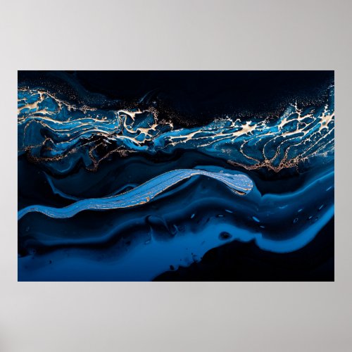 Fluid Art Liquid Metallic Gold in abstract blue w Poster