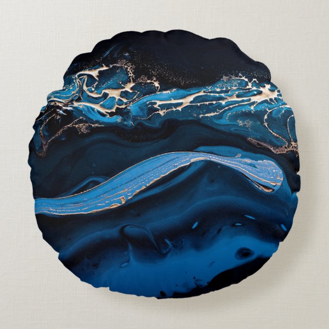Fluid Art. Liquid Metallic Gold in abstract blue w Round Pillow (Front)