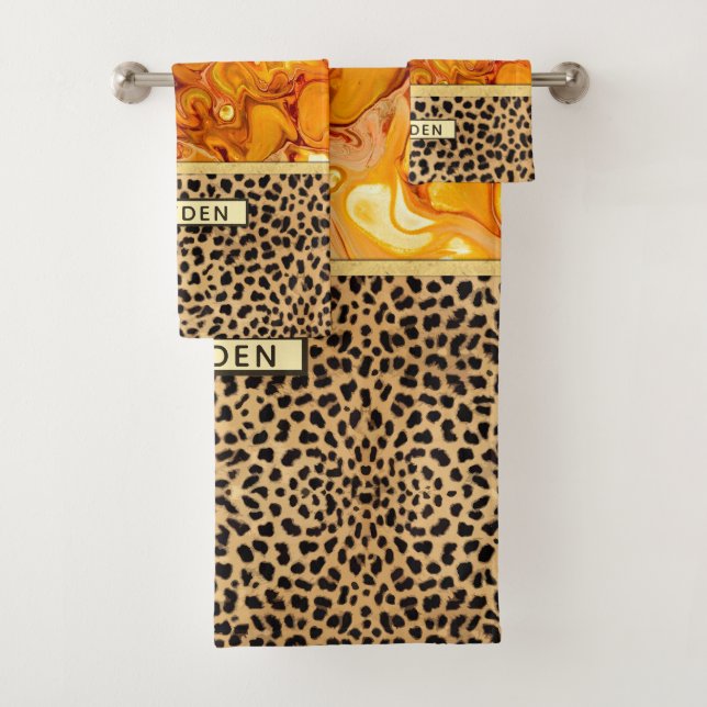 Fluid Art Pour Personalized Leopard Print Bath Towel Set (Insitu)