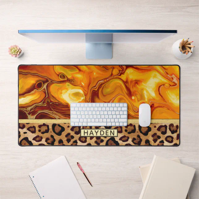Fluid Art Pour Personalized Leopard Print Desk Mat Zazzle
