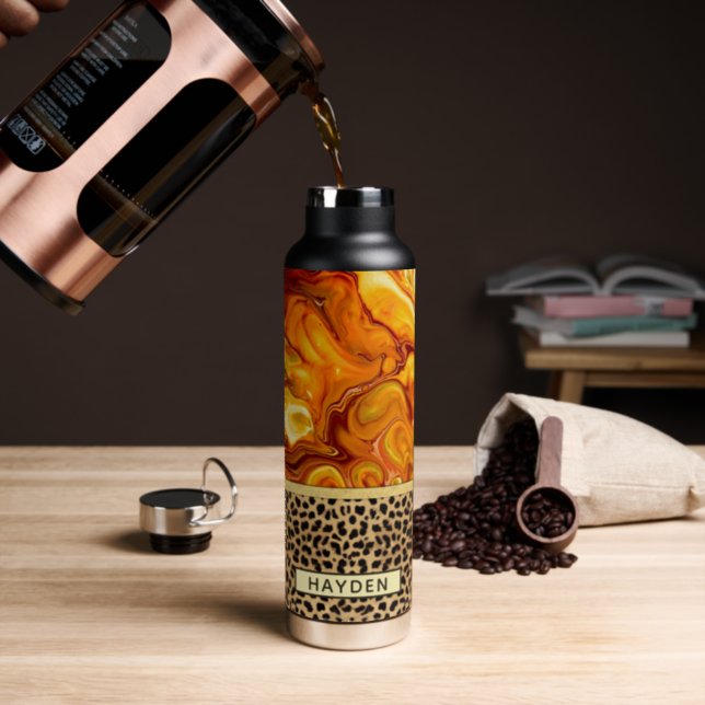 Fluid Art Pour Personalized Leopard Print Water Bottle (Insitu (Coffee))