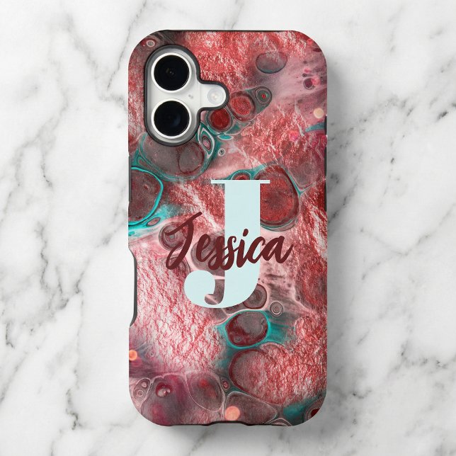 Fluid Art Red Teal Foil Sparkling Accents Monogram Case-Mate iPhone Case (Creator Uploaded)