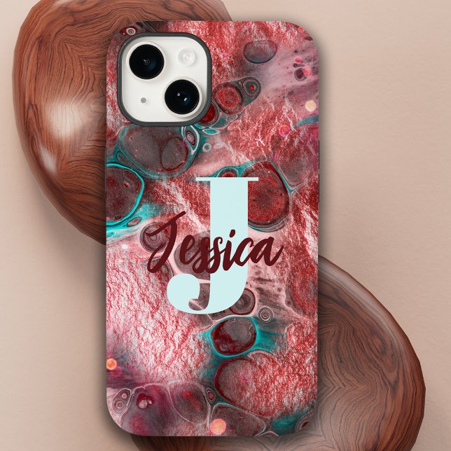 Fluid Art Red Teal Foil Sparkling Accents Monogram Case-Mate iPhone Case (Creator Uploaded)