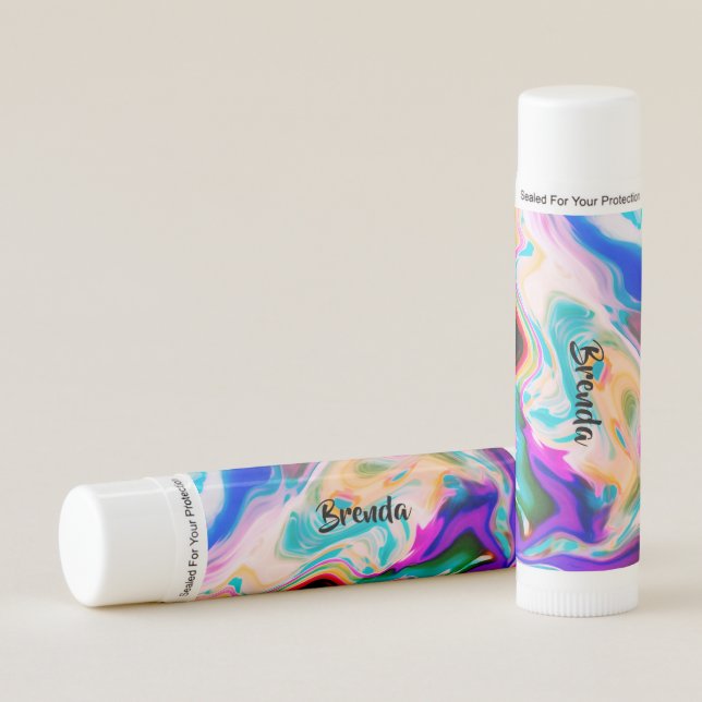 Fluid Colorful Marble Swirls Monogram. Lip Balm (Front)