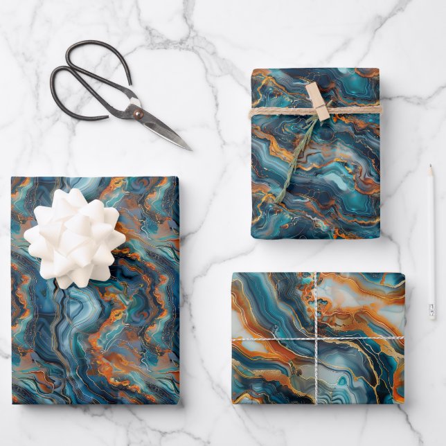 Fluid Geological Formations with Vibrant Blues Wrapping Paper Sheets (Front)