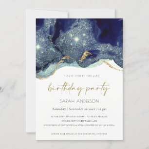 Fluid Gold Navy Glitter Any Age Birthday Invite