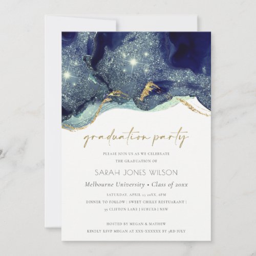 Fluid Gold Navy Glitter Graduation Party Invite