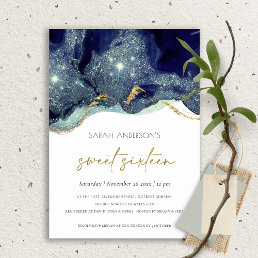 Fluid Gold Navy Glitter Sweet 16 Birthday Invite