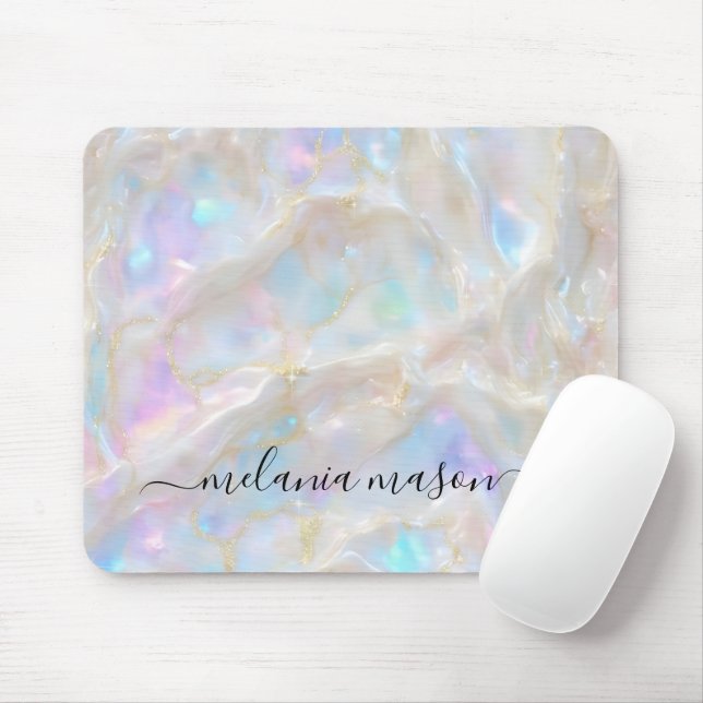 Fluid Gold Opal Gemstone Marble Monogram Mouse Pad (With Mouse)
