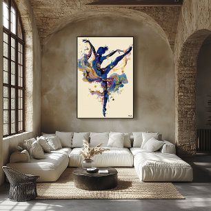 Fluid Ink Ballerina – Blue and Gold Abstract Dance Poster