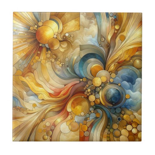 Fluid Lines and Circles Golden Abstract Watercolor Ceramic Tile