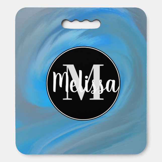 Fluid Marble Blue Wave Intial Name Sports Seat Cushion (Front Vertical)