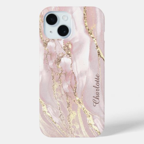 fluid marble pink faux gold foil iPhone 15 case