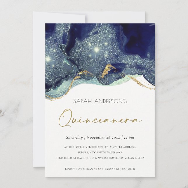 Fluid Navy Glitter Quinceañera 15 Birthday Invite (Front)
